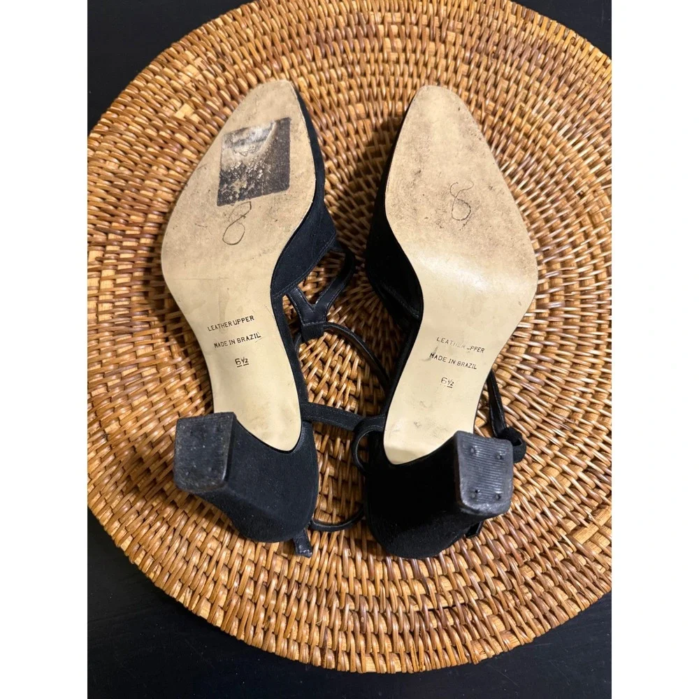 Studio Roma Black Suede Slingback Pumps T-Strap Block Heel Brazil Size 6.5 36
